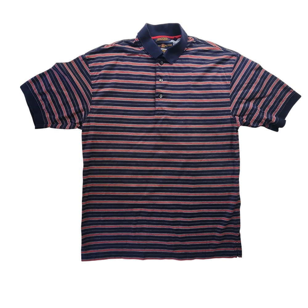 VTG Tommy Hilfiger Golf Polo Men Medium Mercerized Cotton Stripe Navy Gold Crest